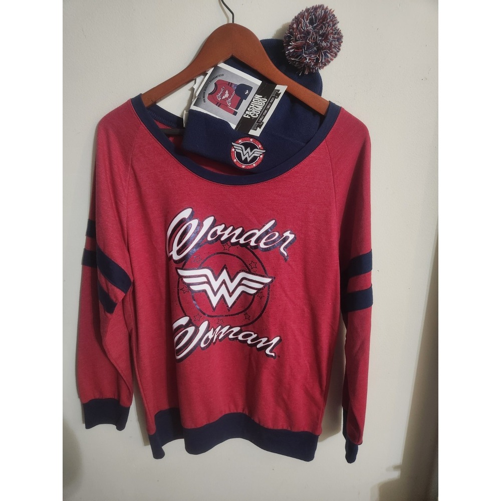 DC Comics Wonder Woman Sweatshirt Pom Beanie Hat Set XL Red Blue Fleece 2017